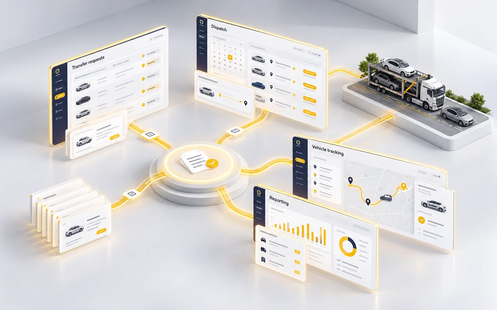 Conceptual vehicle-transfer workflow connecting software panels with a car transporter through automated pathways.