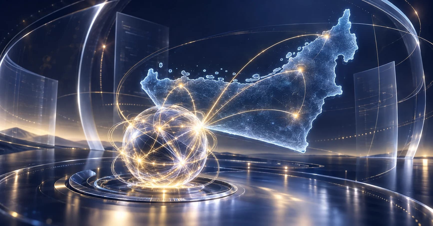 A holographic UAE map connected by golden light paths to a luminous intelligence network.