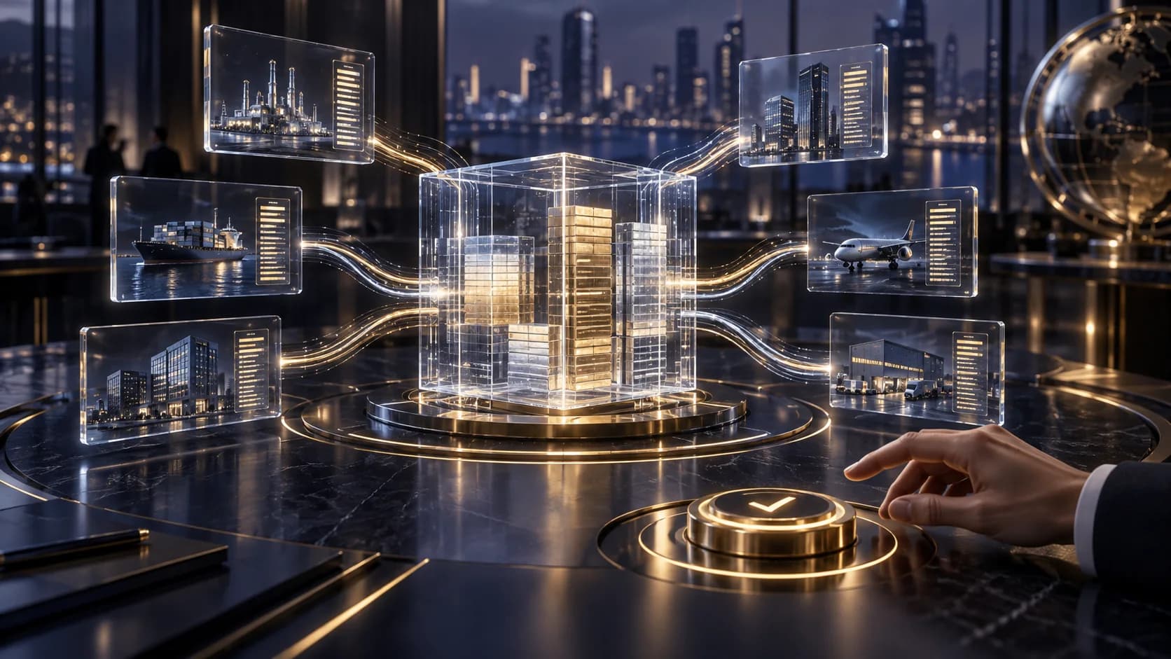 Enterprise financial information converges into a glass model beside a control awaiting a person’s approval.