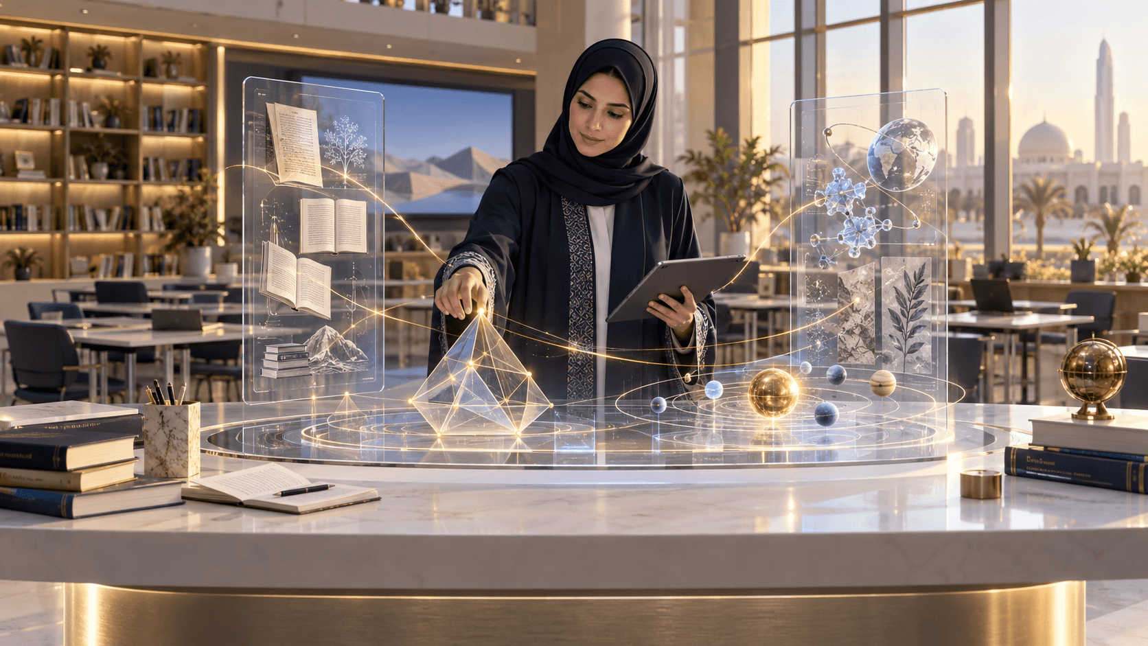 An educator directs connected holographic learning resources above a teaching table in a conceptual Gulf learning studio.