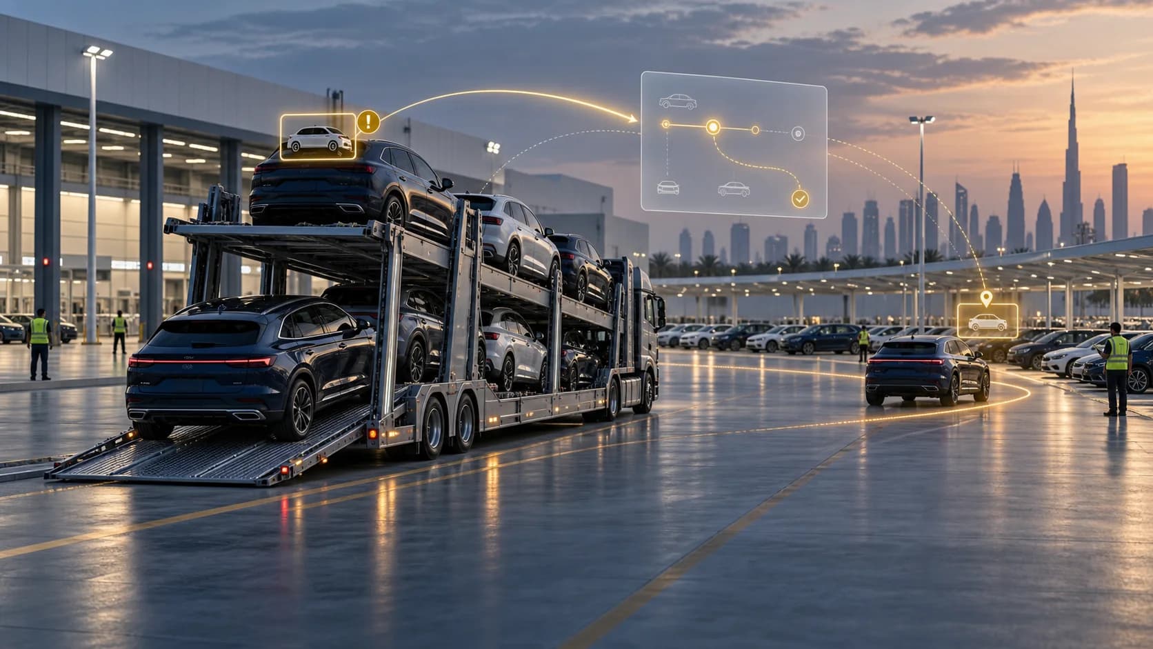 A car transporter in a vehicle handover yard with illustrative gold connections linking a delay to a revised dispatch option.