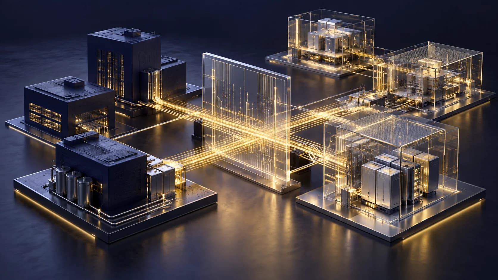 Solid and transparent enterprise system structures linked through a glass integration plane by illuminated gold paths.