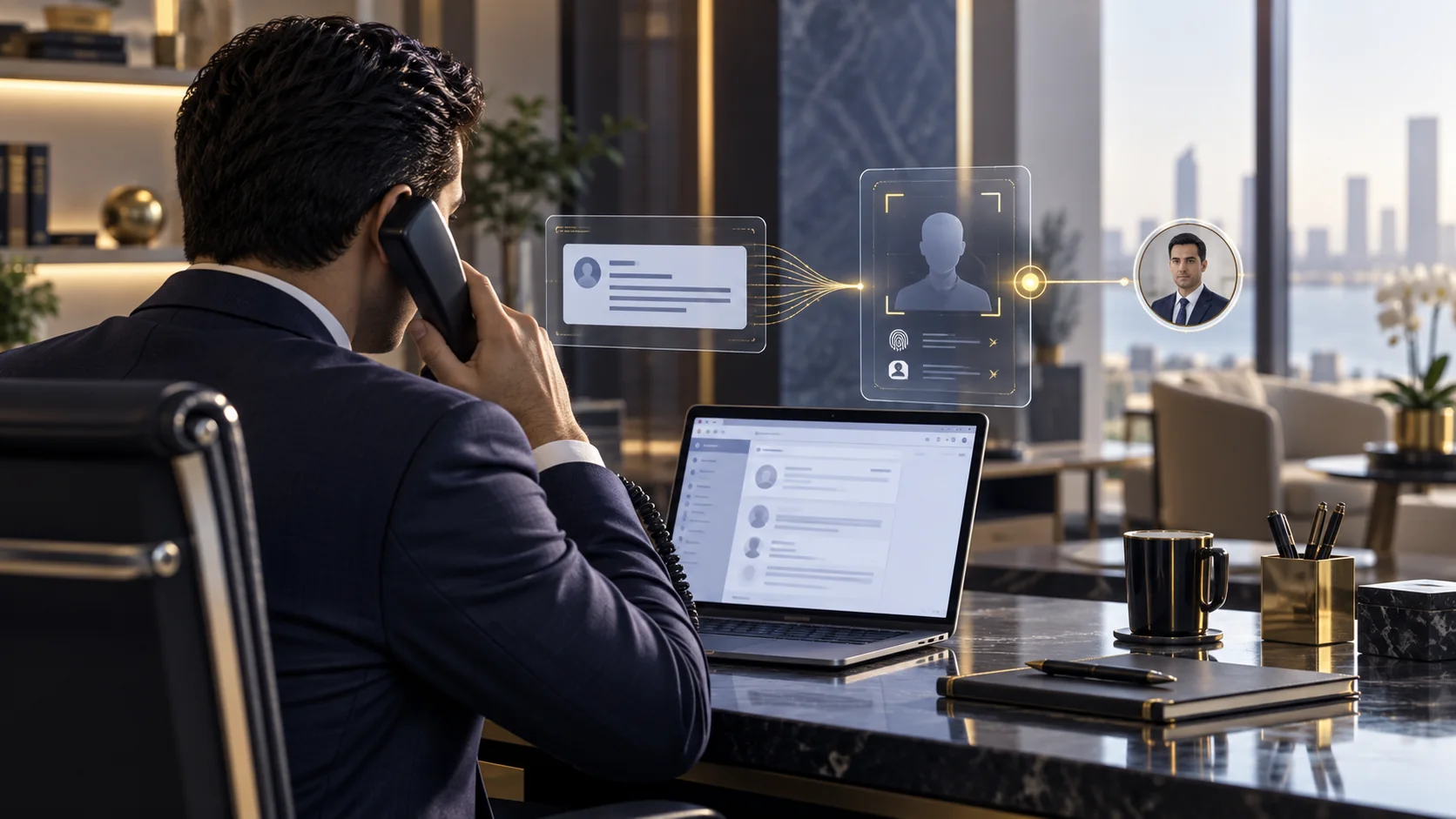 A professional pauses at a laptop to verify a business request by phone, with an illustrative identity-check overlay.