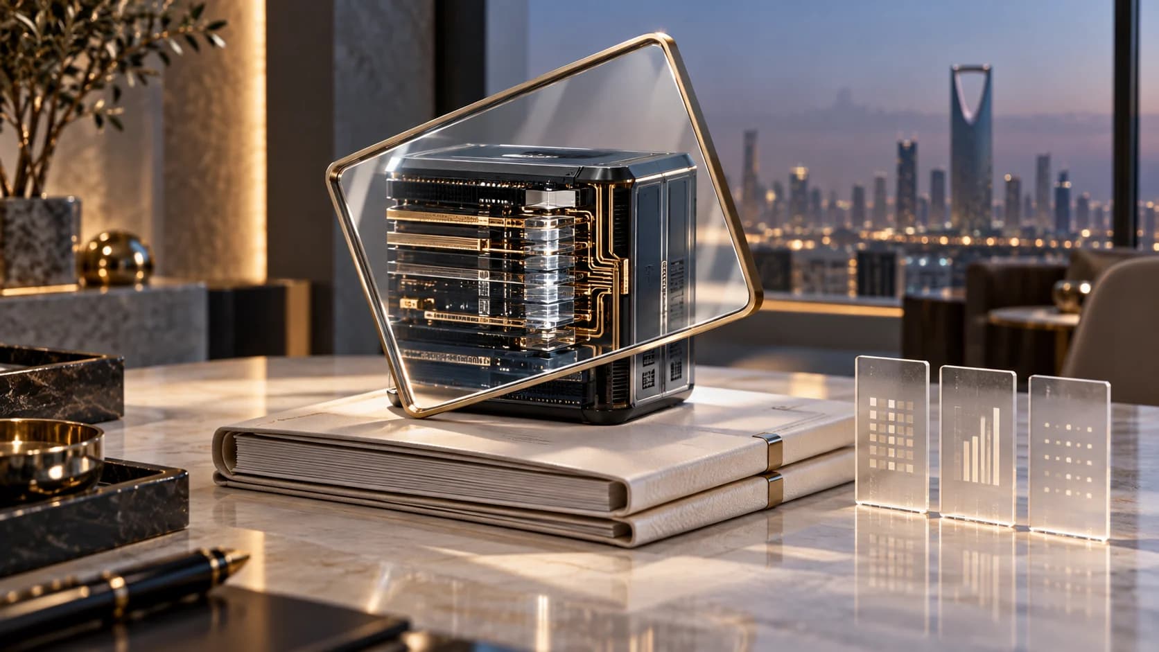 An inspection lens reveals the internal layers of an AI compute module above evidence folios, with an imagined Riyadh skyline behind.