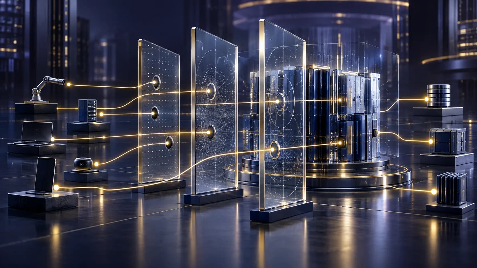 Device and service connections pass through layered glass access-control planes toward enterprise data resources.